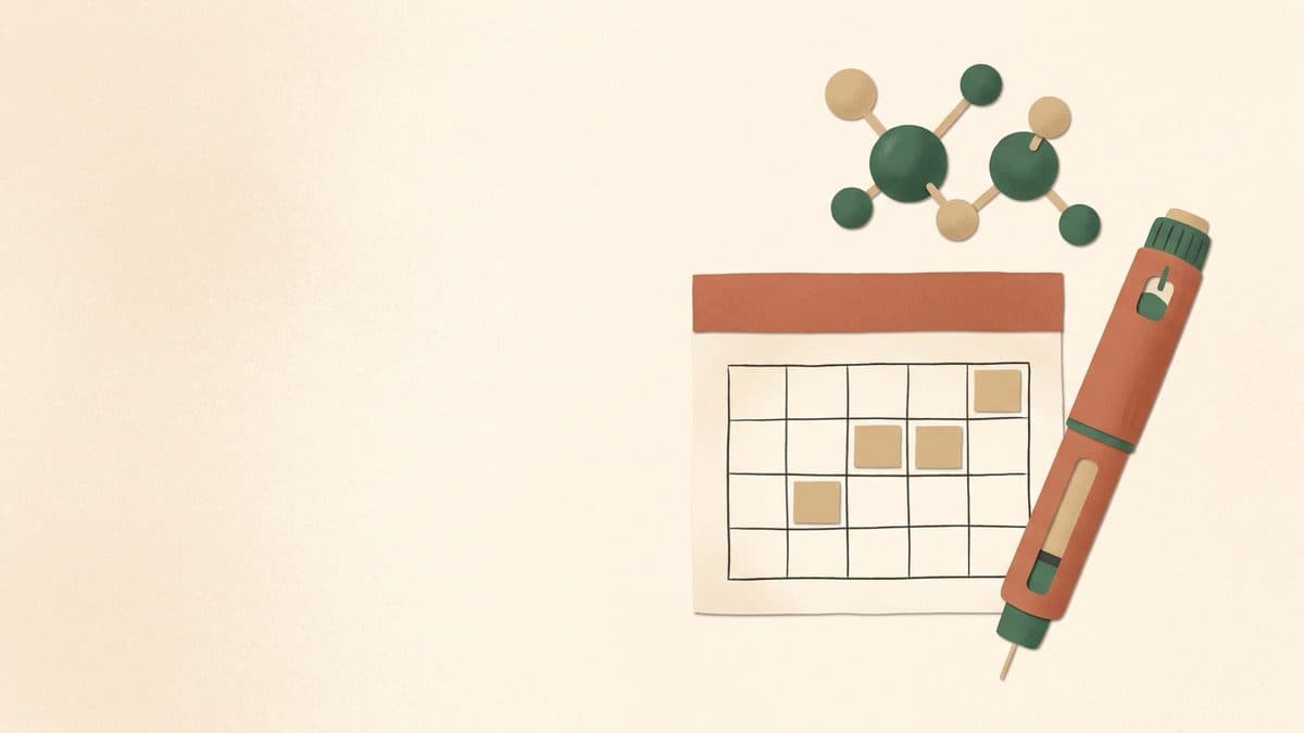Paper-cut illustration of a weekly injection pen beside a blank wall calendar with four highlighted squares and a floating molecule